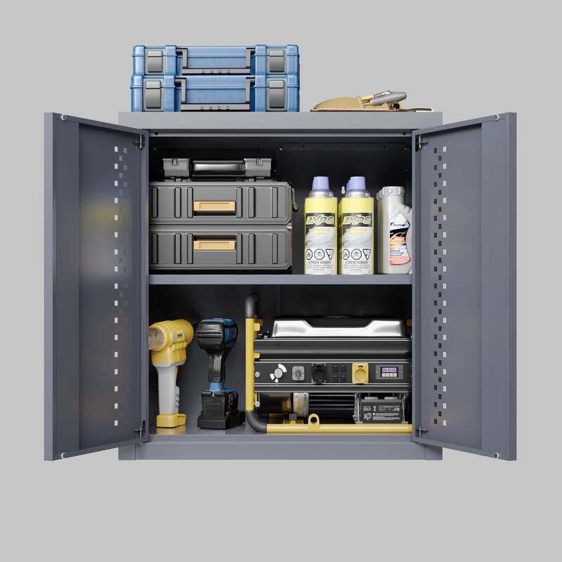 Grey Metal Wall Storage Cabinet with Removable Shelves for Garage Workshop or Kitchen Use - 27.95”L x 13.77”W x 25.98”H
