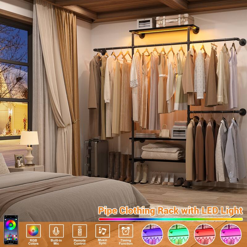 87"W Industrial Pipe Clothing Racks with LED Lights & Open Shelves,Reversible Walk-in Closet Oraganizer System Garment Racks