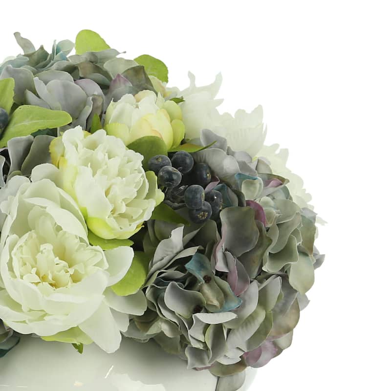 Hydrangeas, Peony and Blueberry in a Round Pot - White, Blue