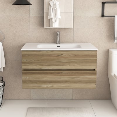 Wood Wall Mounted Bathroom Vanity with Ceramic Sink