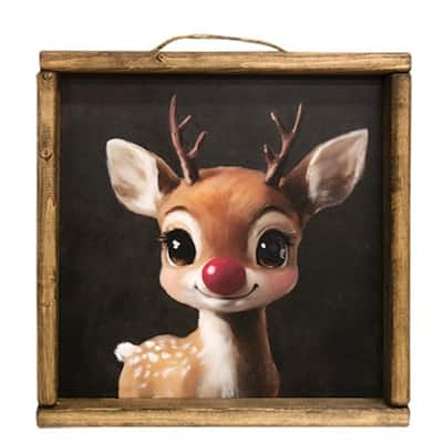 12-Inch Rustic Baby Rudolph Wall Art Framed Christmas Print with Jute Hanger Wood Decor - 12" H x 12" W x 1.25" D