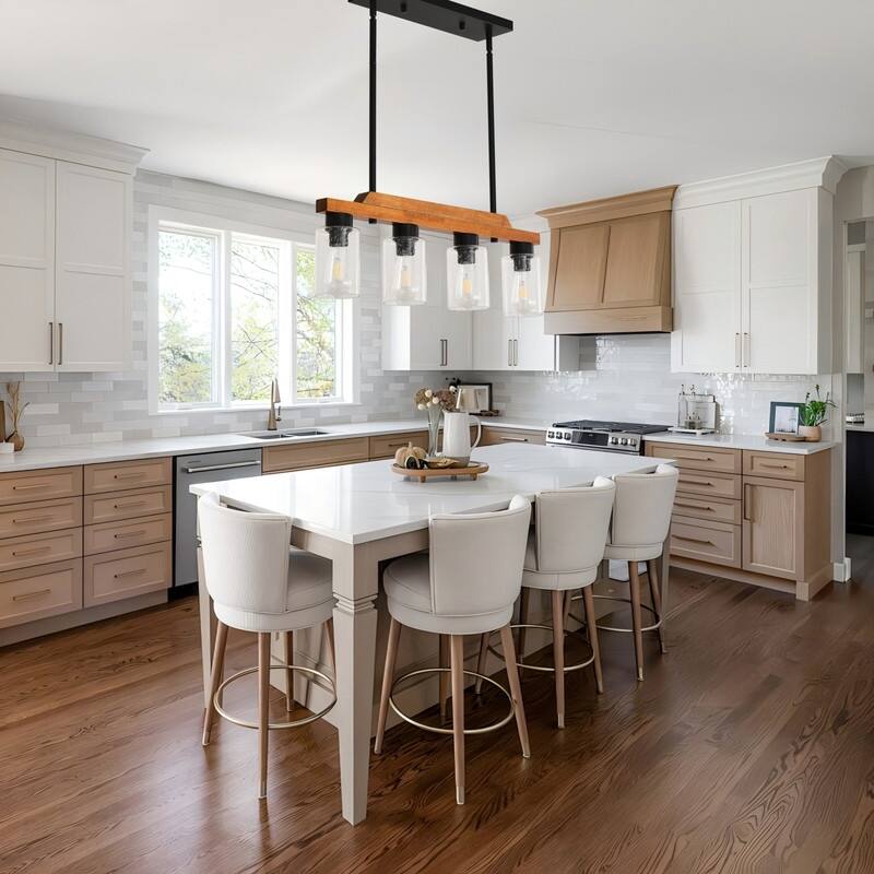 Farmhouse Chandelier for Dining Room Kitchen Island Rustic Wood Linear Pendant Light with Seed Glass Shade