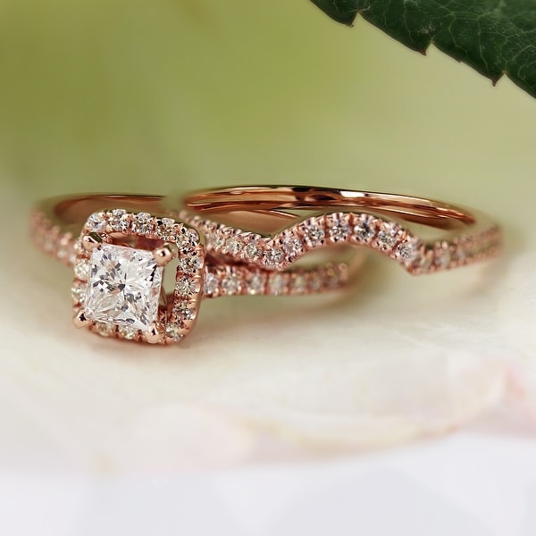 Auriya 14k Rose Gold 1 1/5ctw Princess-cut Halo Diamond Engagement Ring Set. Opens flyout.