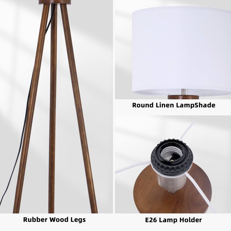 61 in. Traditional Tripod Floor Lamp with Rubberwood Base and Linen Drum Shade for Bedroom, Living Room, Dining Room