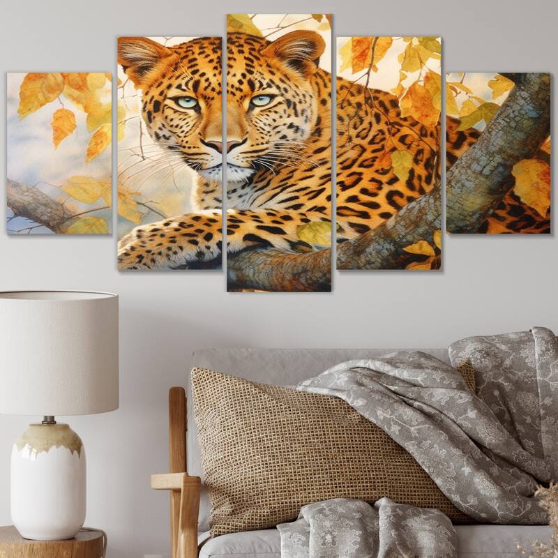 Designart "Leopard Grace I" Animals Multipanel Canvas Print set - 60 In. Wide X 32 In. High - 5 Panels Diamond Shape
