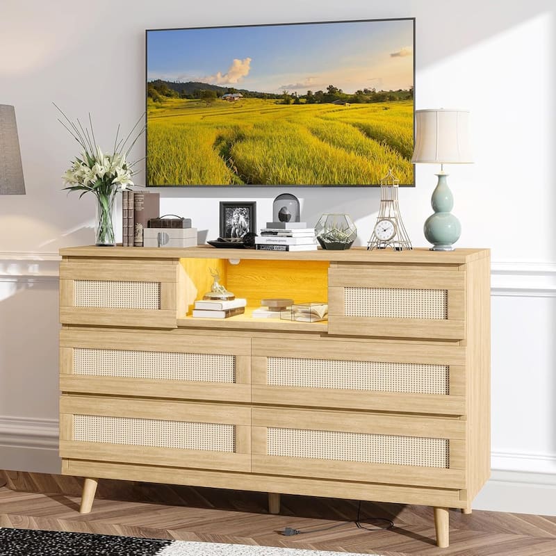 Natural Rattan Dresser for Bedroom with LED Light and Charging Station