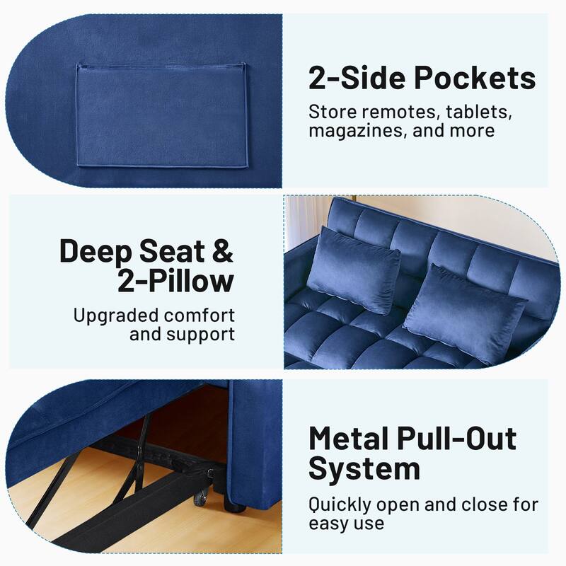 3-in-1 Convertible Sleeper Loveseat Pull Out Twin Size Suede Sofa Bed with 2 Pillows & Pocket