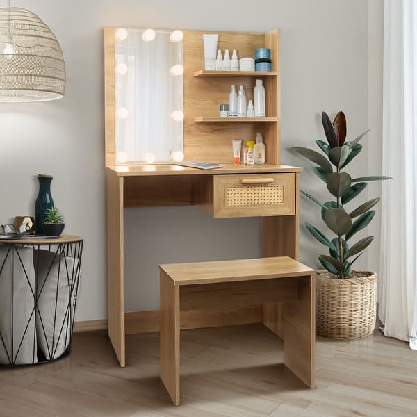 boho style dressing table Wooden Makeup Vanity Desk with Stool, Rattan Drawer, 39" Boho Style  Dressing Table with Charging Plug & USB Port - Overstock
