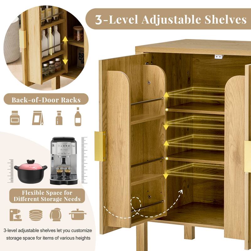 Storage Cabinet with 4 Stripe Door and Side Hooks, Buffet Cabinet Adjustable Shelves & Aluminum Handles for Living Room