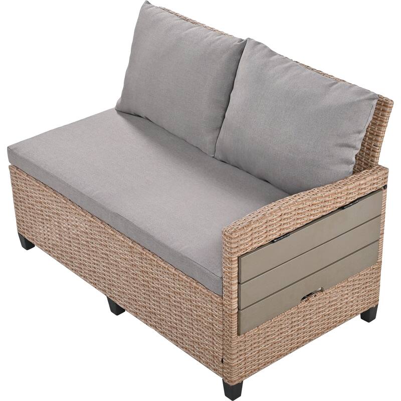 5-Piece Outdoor Patio Rattan Sofa Set - L-Shaped PE Wicker Sectional with 2 Extendable Side Tables, Dining Table
