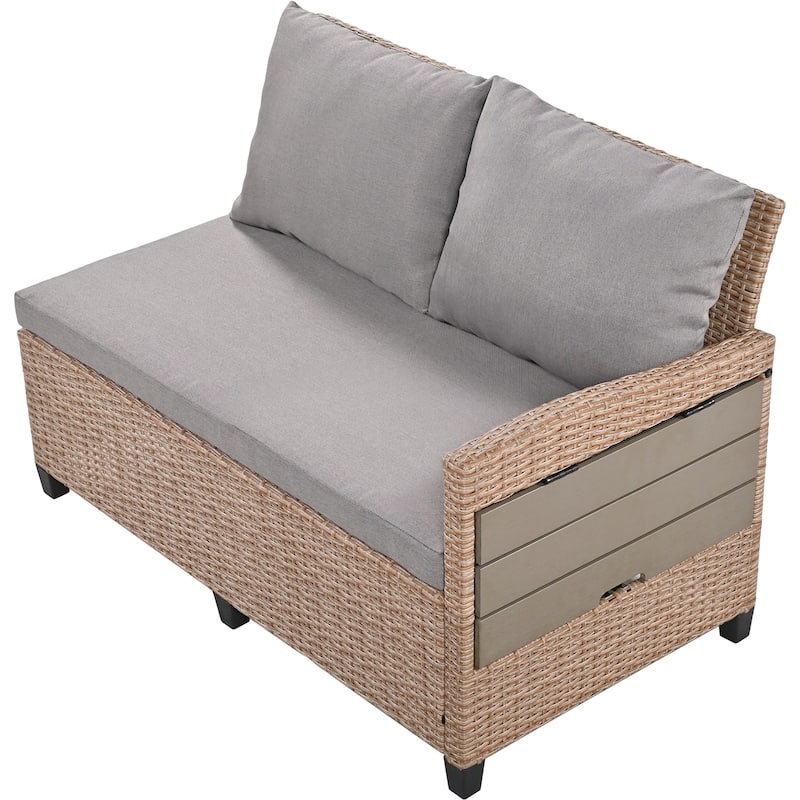 Roomfitters 5-Piece Outdoor Rattan Sofa Set, Patio Sectional Furniture with Dining Table, Storage Bench, Side Trays