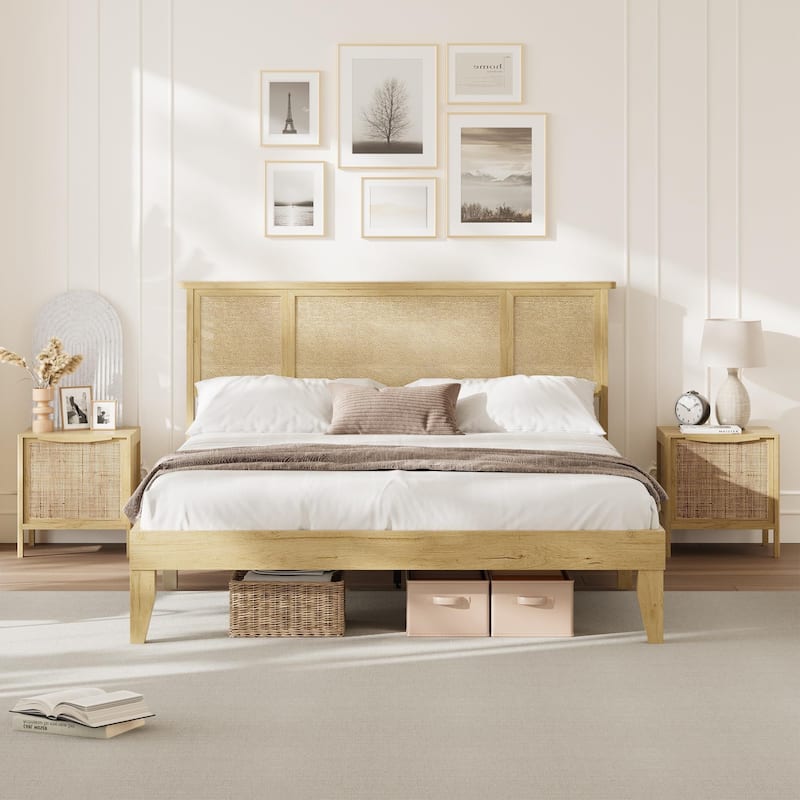 Bed Frame with Natural Rattan Headboard, Strong Wooden Slats - Queen