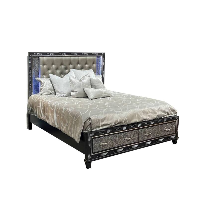 Bet King Bed, Silver Faux Leather Upholstery, LED, Crystal Accents, Black