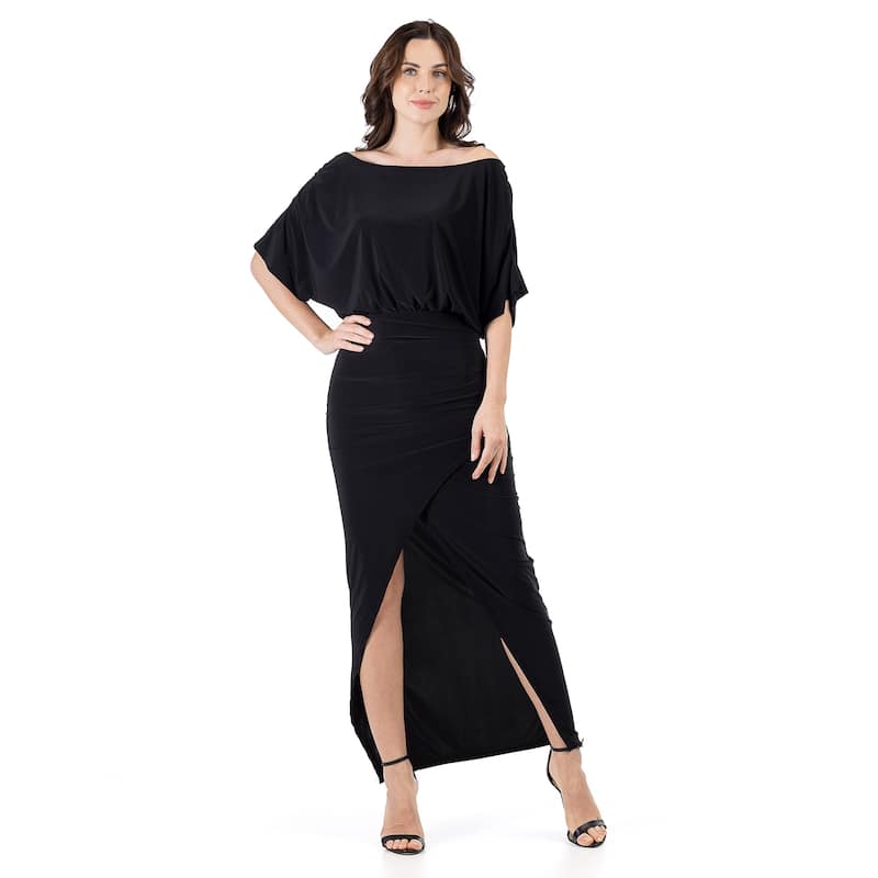 24seven Comfort Apparel Womens Boat Neck Batwing Sleeve Slit Maxi Dress - Black - S