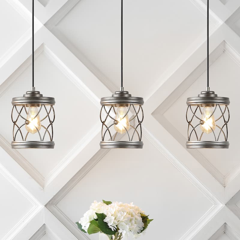 Helisa 6.5" 1-Light Farmhouse Industrial Iron Filigree Caged Jar LED Pendant, (Set of 3) by JONATHAN Y