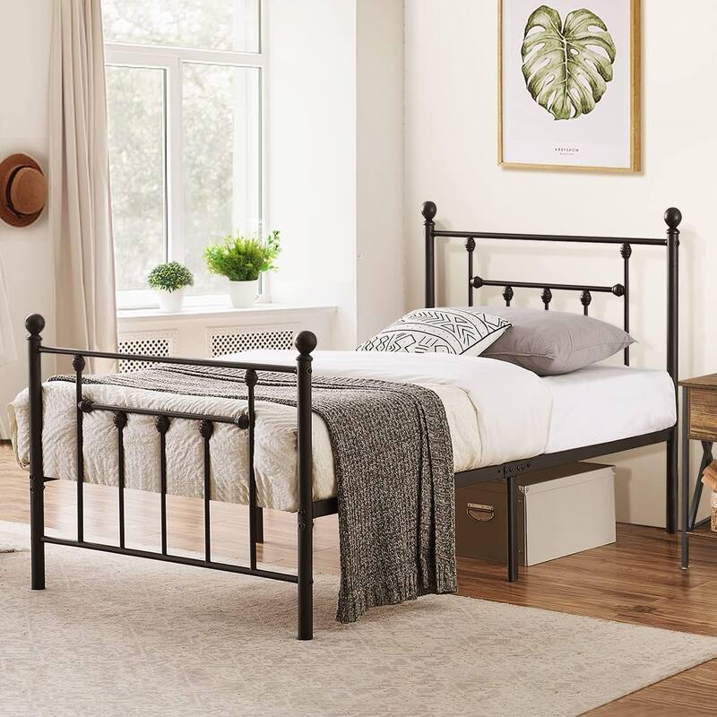 VECELO Metal Platform Bed Frame with Headboard and Footboard, Heavy Duty Slat Support/Underbed Storage Space, Victorian Style