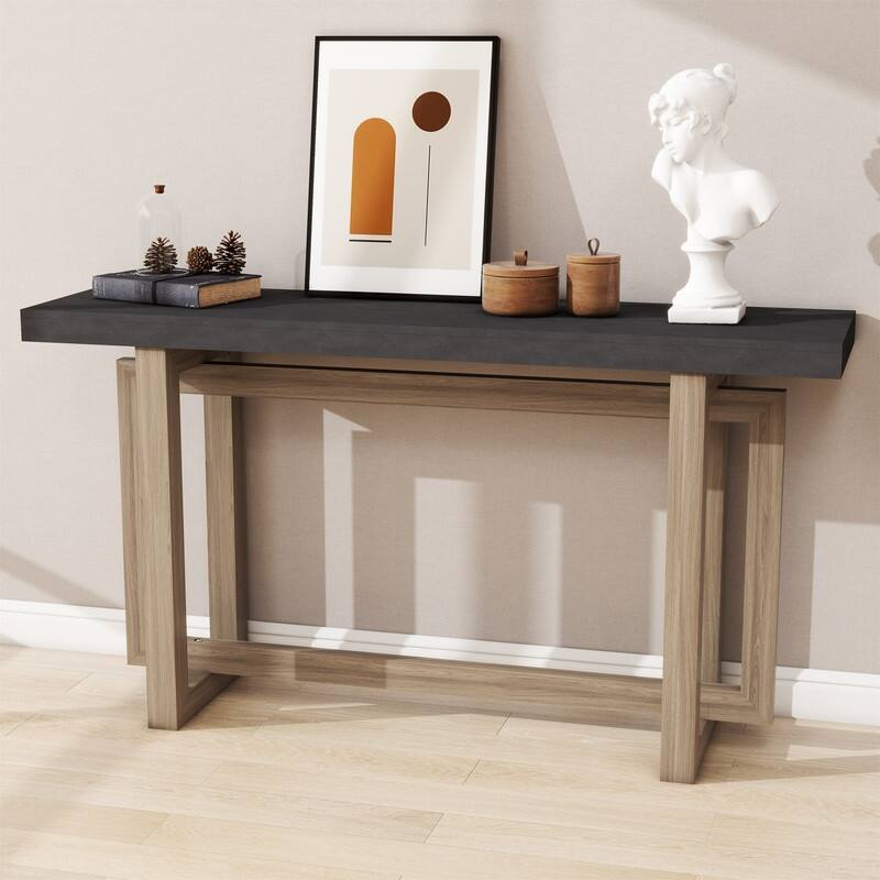Modern Entryway Console Table with Industrial-inspired Concrete Wood Top, Hallway Foyer Sofa Long Table Entryway Table - Grey+Brown