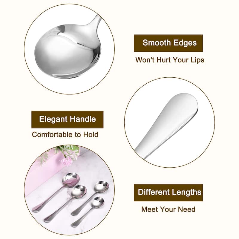 6Pcs 4.5" Stainless Steel Soup Spoon Tea Spoons Round Dinner Spoons, Silver