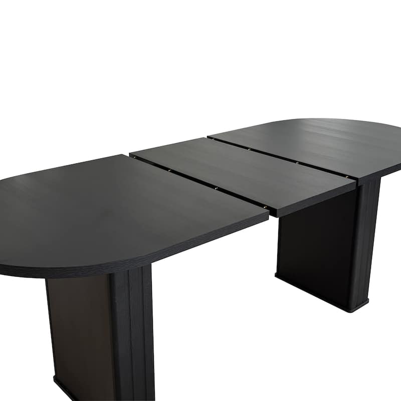 Kitchen extendable dining table for 4-8 people, oval kitchen table with wooden strip base for family living room (black)