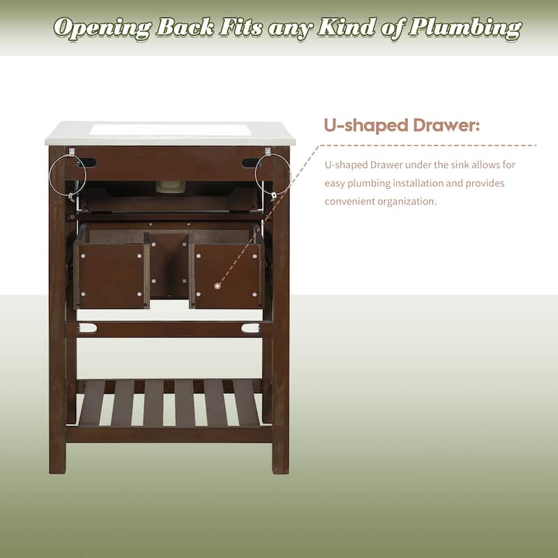 24" Bathroom Vanity with Ceramic Sink - Cabinet with 1 Deep Drawer & Tip-Out Drawer for Small/Medium Bathrooms