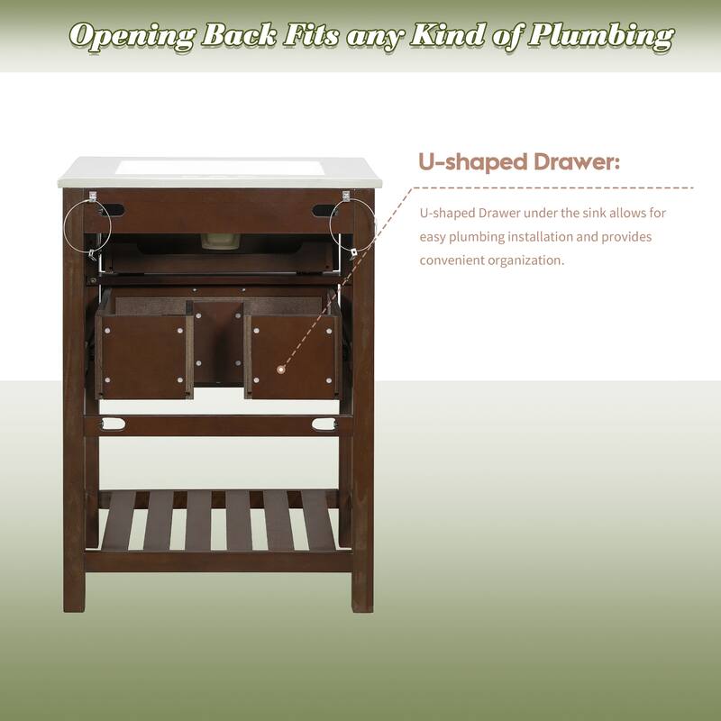 24"Bathroom Vanity with Integrated Ceramic Sink,Bathroom Cabinet with 1 Deep Drawer,1 Tip-Out Drawer,Single Sink Bathroom Vanity