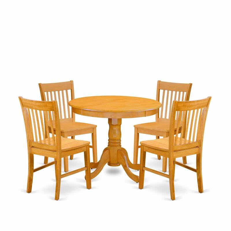 HomeStock 5-Pc Round Natural Oak Finish Solid Wood Top Dining table with 4 Chairs