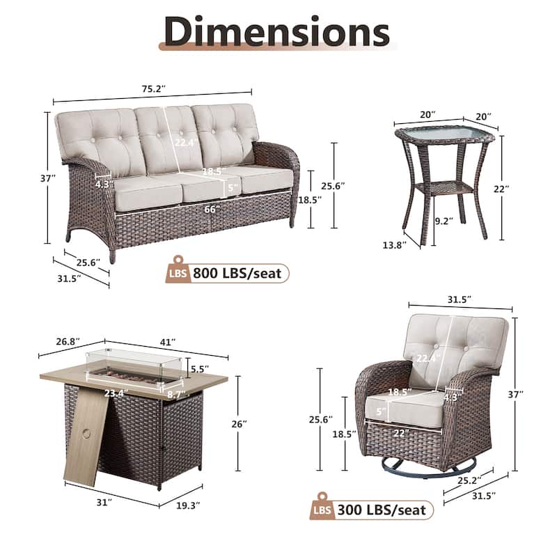 TWrap Wicker Patio Fire Pit Conversation Set with 3-Seat Sofa & Swivel Gliders