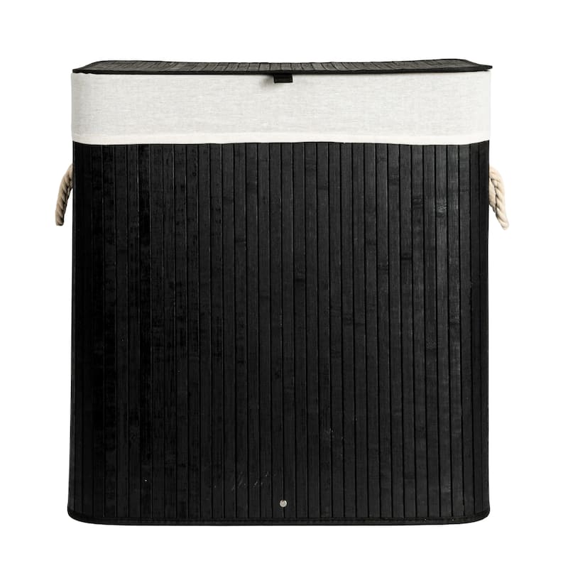 Household Essentials Bamboo Double Laundry Hamper with Rope Handles and Removable Laundry Bag
