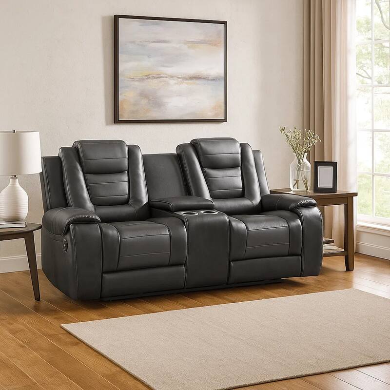 Istro 76 Inch Manual Recliner Loveseat, Cupholder Console Gray Faux Leather