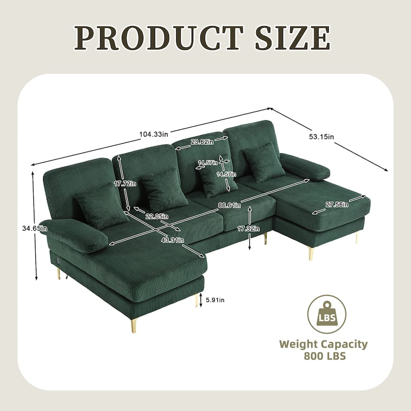 HOMEFUN Corduroy Upholstered U-shaped Adjustable Light Modular Sectional Sofa With Type-C and USB ports
