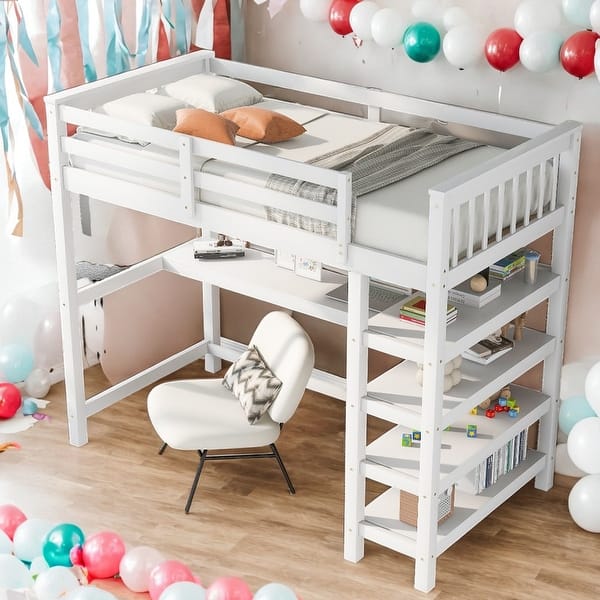 slide 2 of 48, Industrial Modern Twin Size Loft Bed with Storage Shelves and Under-bed Desk, Sturdy Construction & Safety Guaranteed, White White