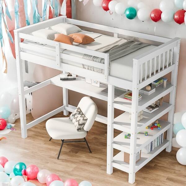 slide 2 of 48, Twin Size Loft Bed with Storage Shelves and Under-bed Desk, White White