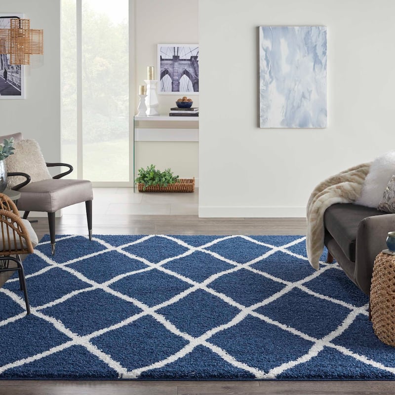 Nourison Shangri-La Geometric Trellis Lattice Shag Rug - 8' x 10' - Navy/Ivory - Rectangle