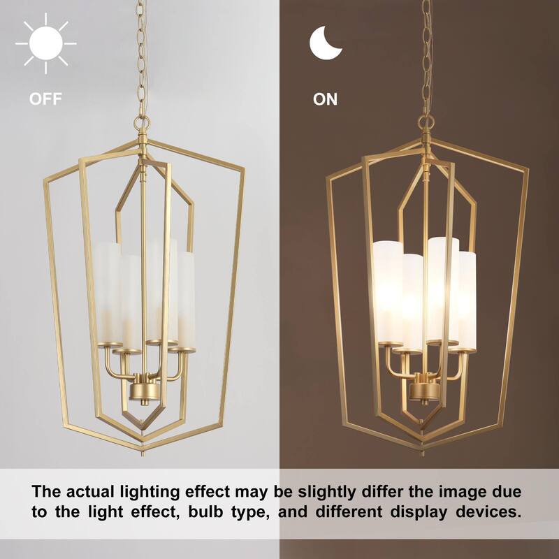 Modern Gold 4-Light Lantern Chandelier Geometric Glass Pendant Light Fixture for Kitchen Dining Room - 16.5"Dx27"H