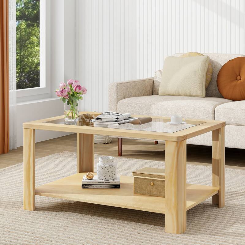 Gymax 2-Tier Coffee Table w/ Tempered Glass Tabletop & Storage Shelf