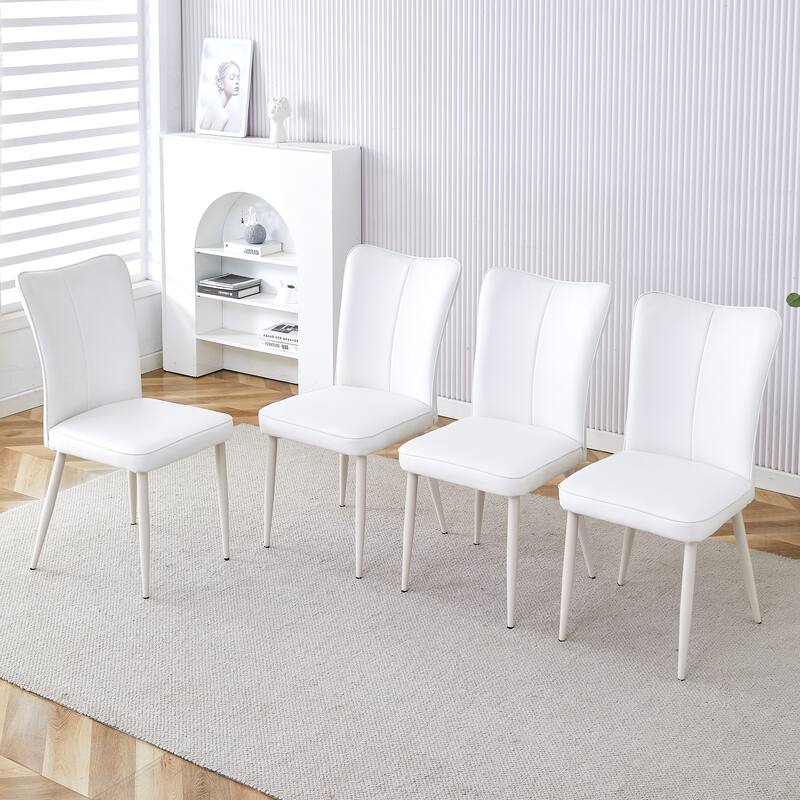 Modern minimalist dining chair, white PU leather curved back and seat cushion, white metal chair legs, set of 4 - White