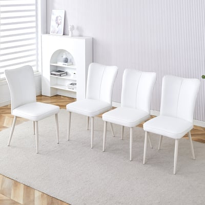 Modern minimalist dining chair, white PU leather curved back and seat cushion, white metal chair legs, set of 4