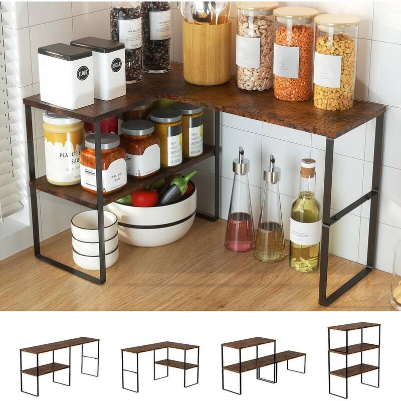 Countertop Organizer Corner Shelf, 2 Tier Adjustable - Rustic Brown