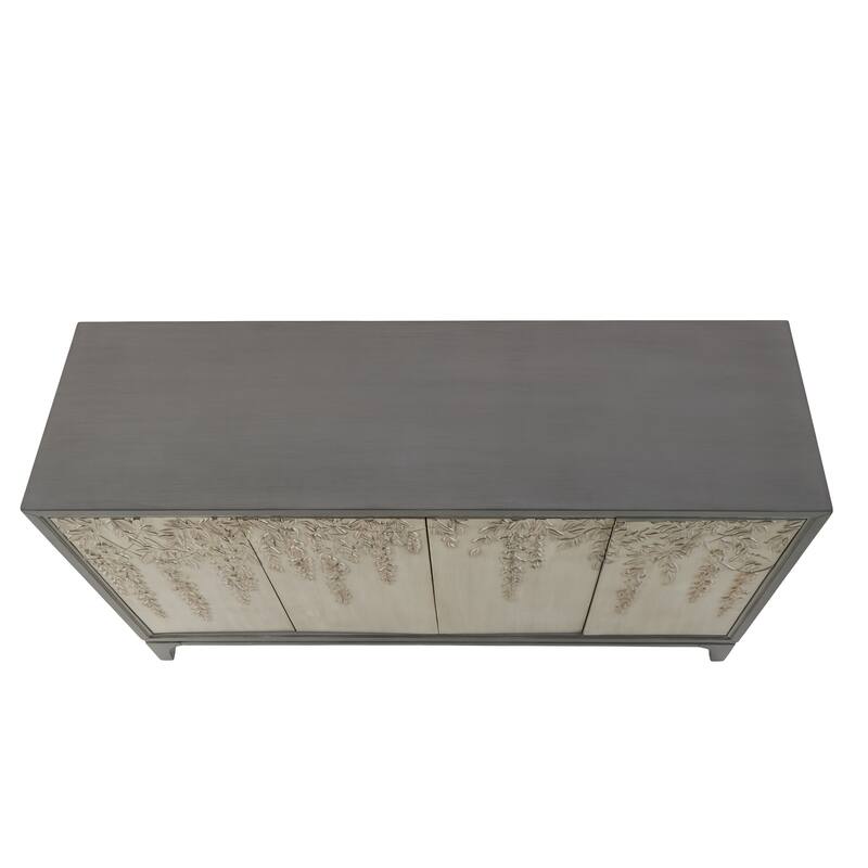 Wooden Floral Relief 4 Door Sideboard with Cream Front Doors and Cascading Leaf Design - Gray - Roche River Decor