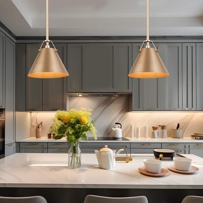 Modern Glam Brass Gold 1-light Kitchen Island Pendant Lights Metal Cone Shade for Dining Room - Antique Gold - D 8" x H 69.5"