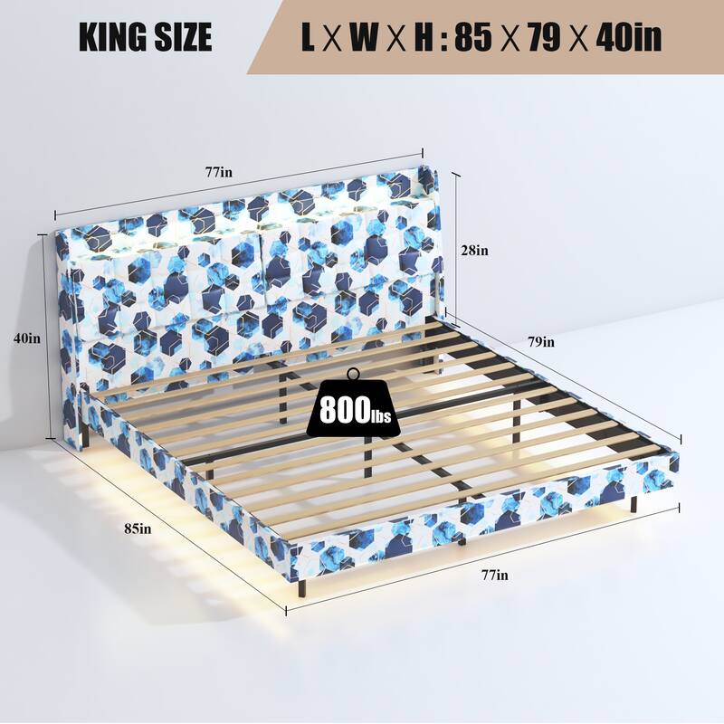 King Size Floating Bed Frame with LED Lighting, USB Ports, & Storage Headboard, No Box Spring Needed