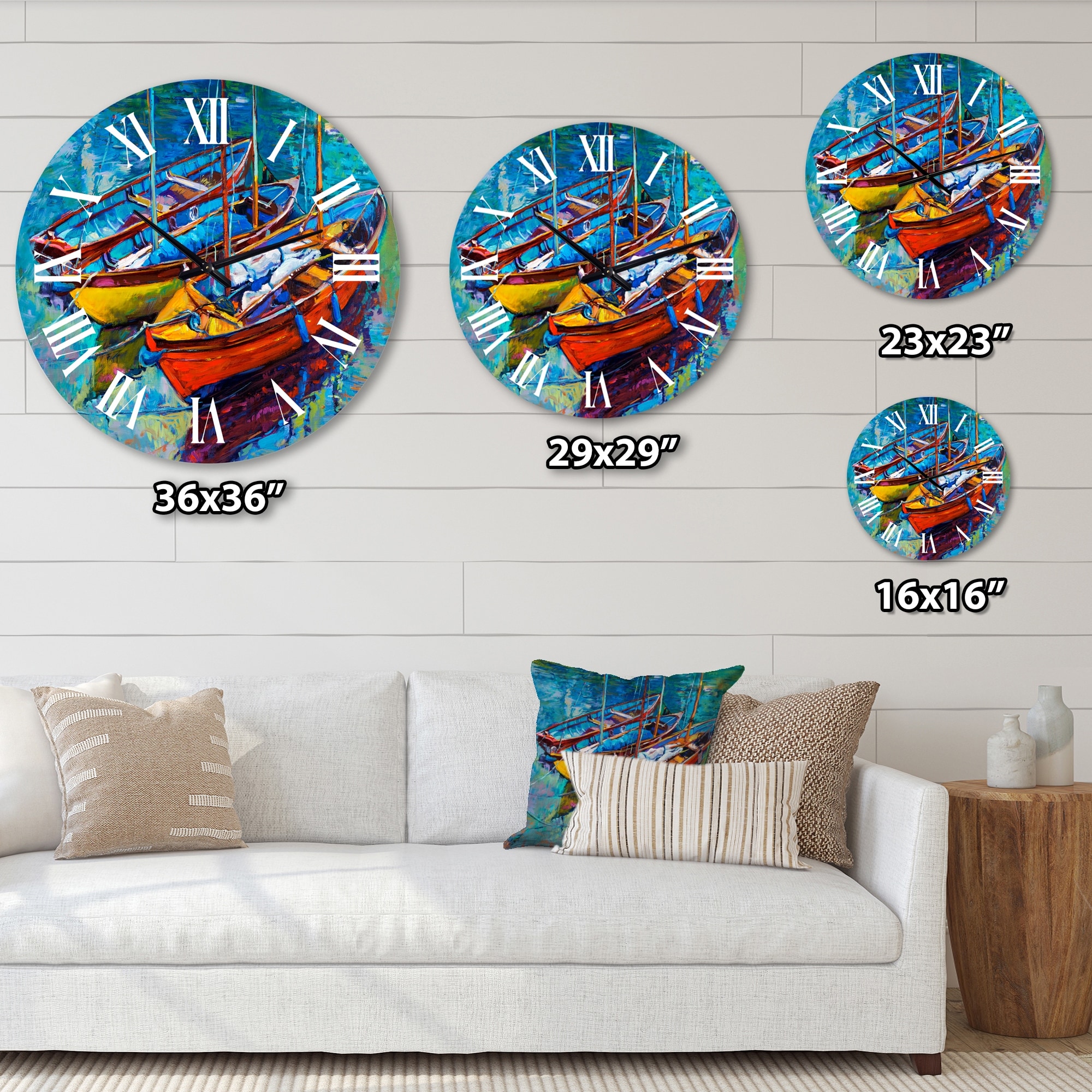 Designart 'Three Boats In The Harbor' Nautical & Coastal-image