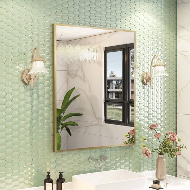 Aluminum Alloy Framed Wall Mounted Bathroom Vanity Accent Mirror in - 36" * 28" - Brushed Gold