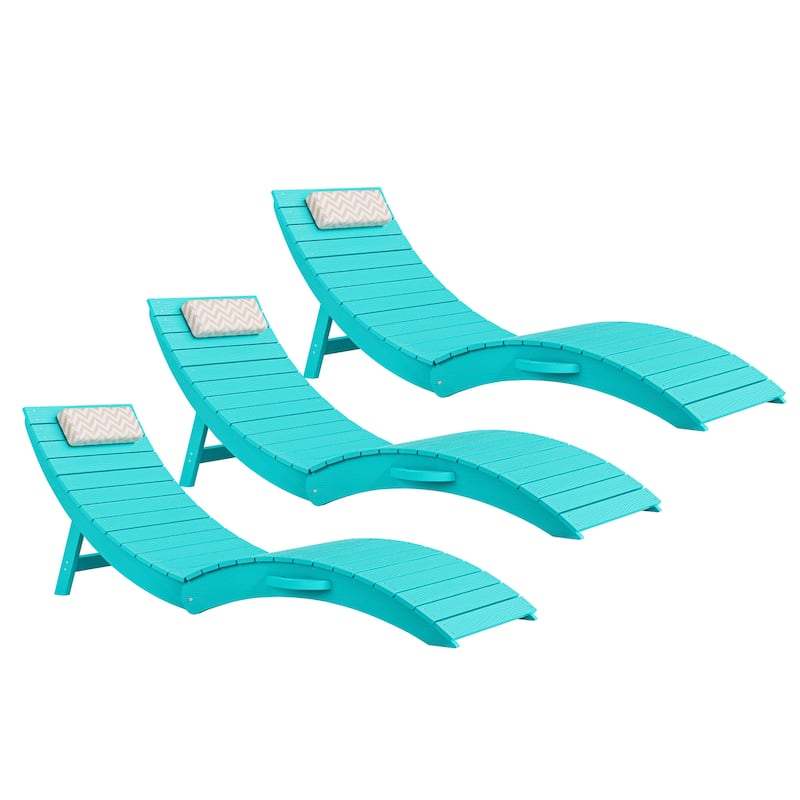 3-Piece Folding HDPS Plastic Outdoor Pool Chaise Lounges with Headrest Cushion