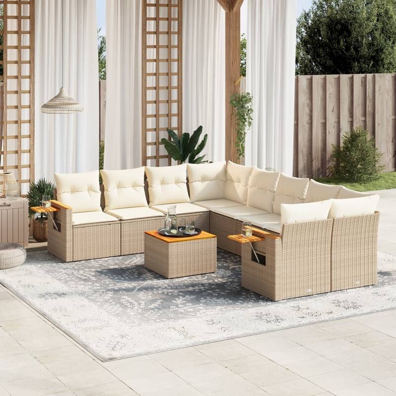 vidaXL Patio Sofa Set with Cushions Outdoor Furniture 9 Piece Poly Rattan - Beige and cream - 24.4 x 33.5 x 27.2 in