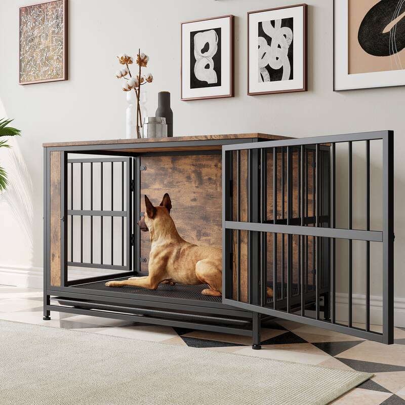 Dog Crate Furniture, Wooden Dog Crate Table, 38.9" Dog Kennel with 2 Sliding Doors and Thick Iron Door Frame, for Large Dog