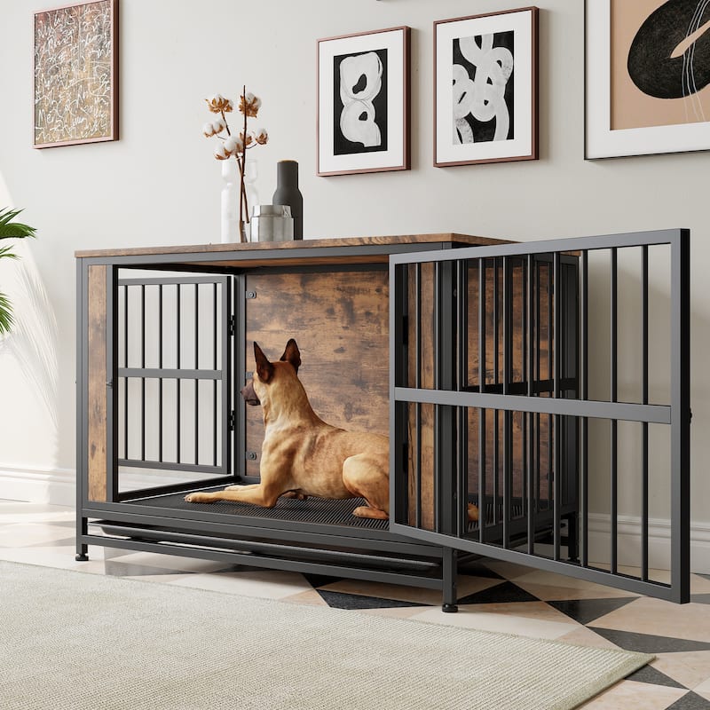Living Room Wooden Dog Cage Dog Crate Table with 2 Sliding Doors Dog House Dog Kennel for Small Dog