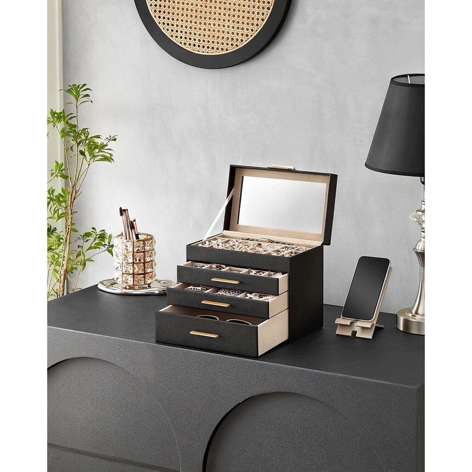 SONGMICS Jewelry Box with Glass Lid, 6-Layer Jewelry Organizer, 5 Drawers,  for Sunglasses, Big Jewelry, Jewelry Storage, Modern Style, Graphite Black