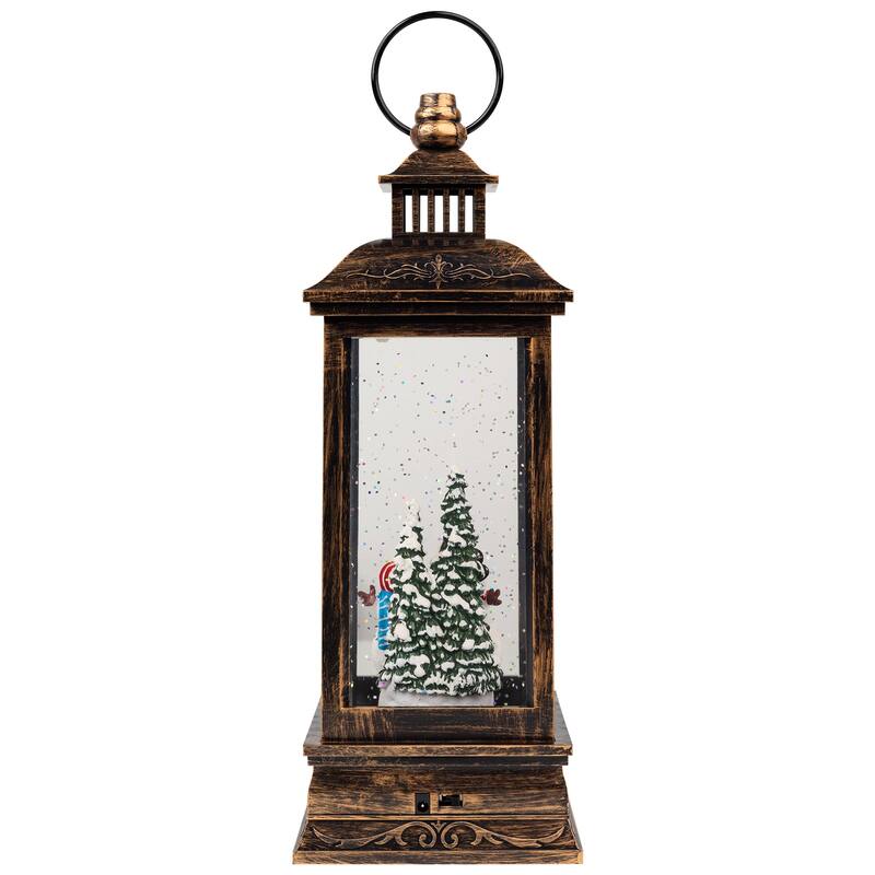 11" Black Brushed Gold LED Snowman Family Christmas Lantern Snow Globe