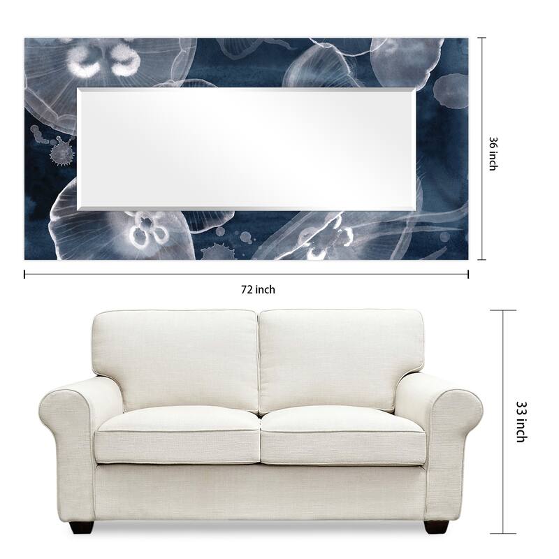 "Moon Jellies"Abstract Rectangular Beveled Wall Mirror on Free Floating Printed Tempered Glass - Clear - 72 x 36